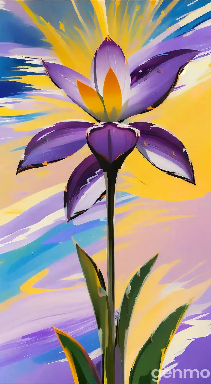 a painting of a purple flower with a yellow center