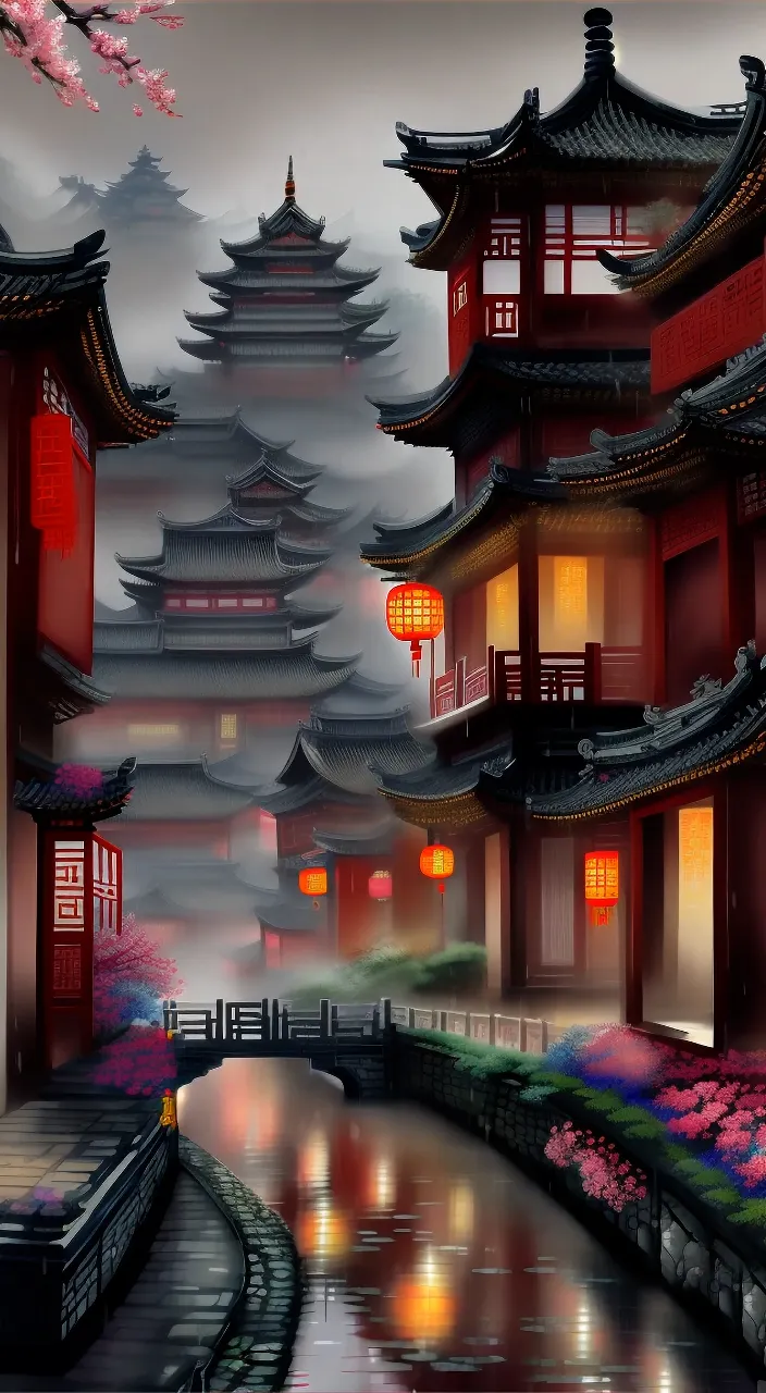 a painting of a chinese city at night