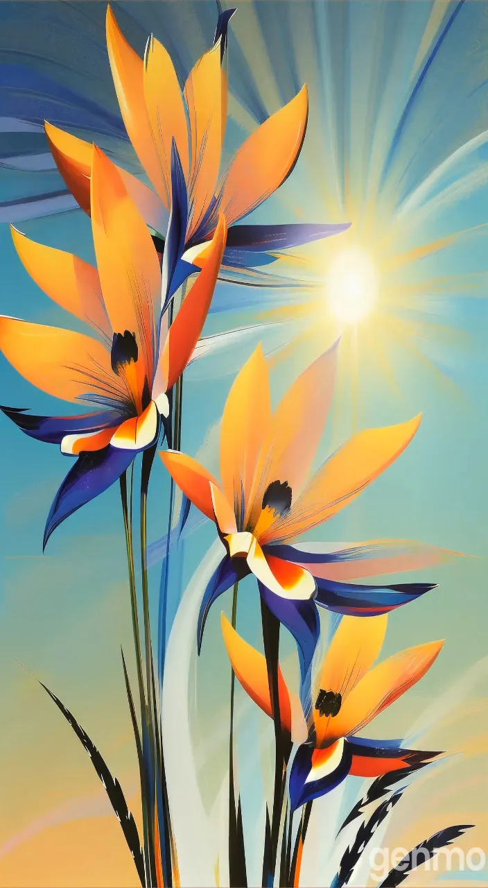 a painting of yellow and blue flowers against a blue sky