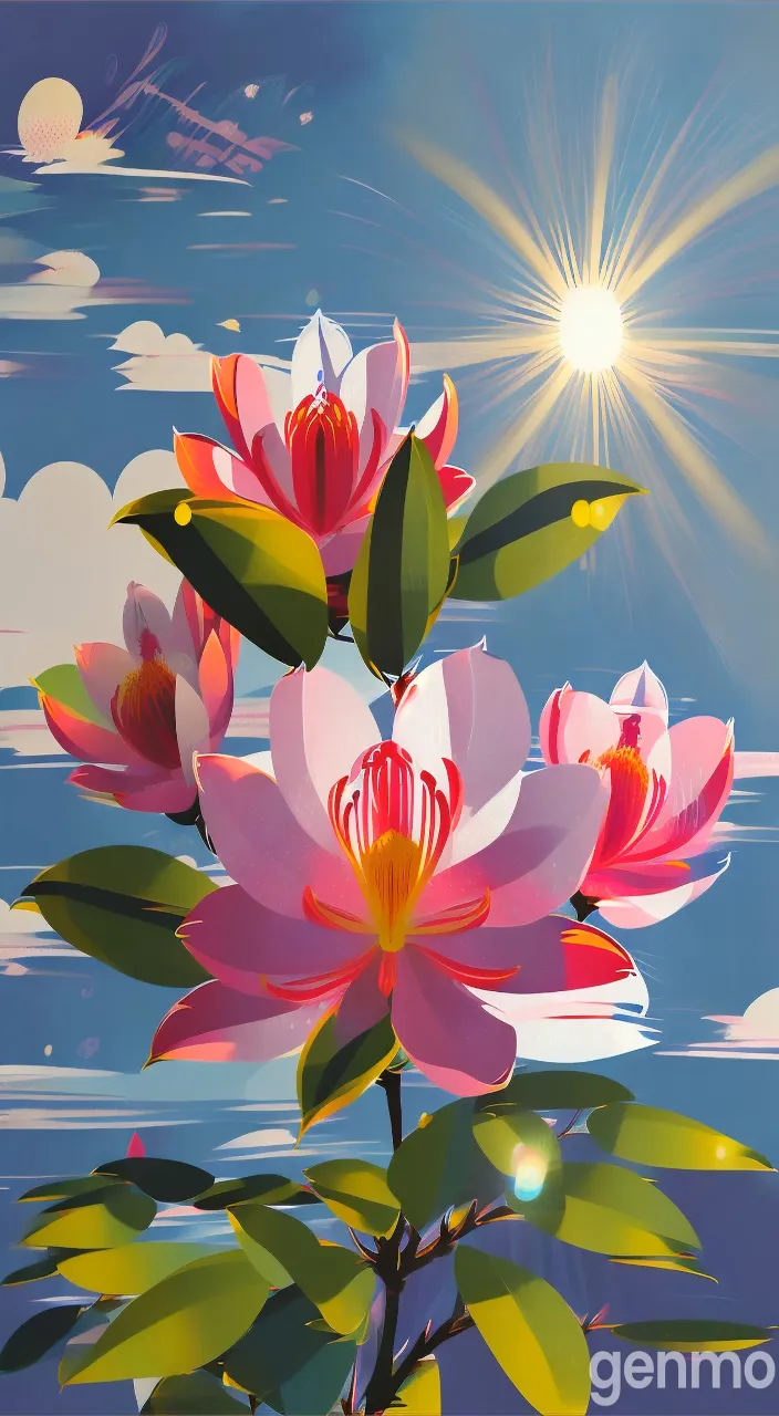 a painting of a pink flower with a sun in the background