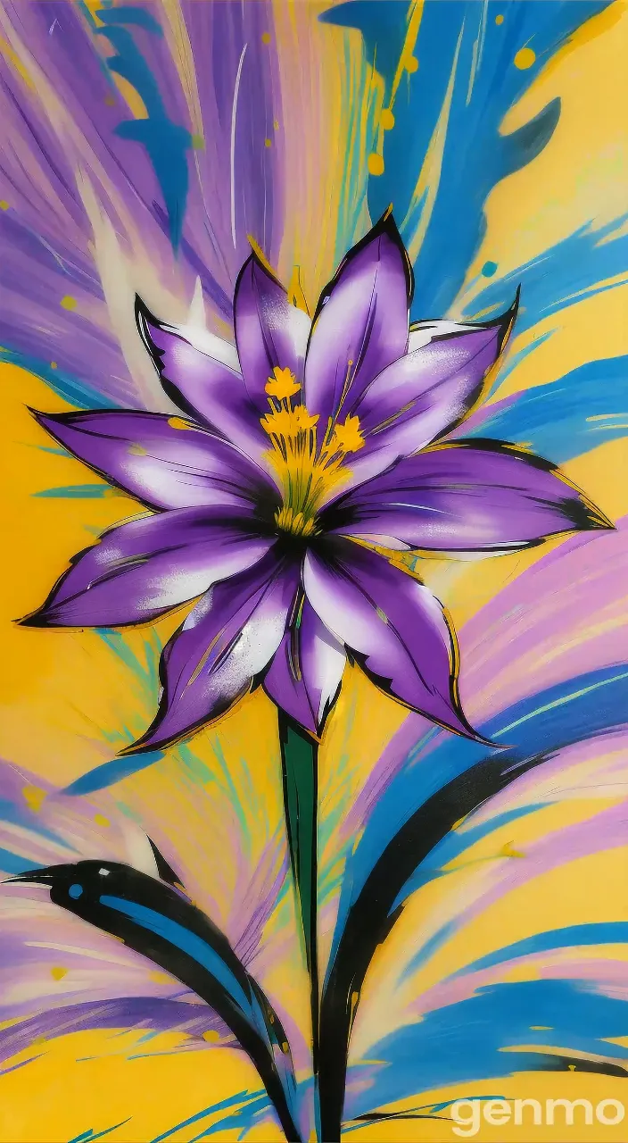 a painting of a purple flower on a yellow background