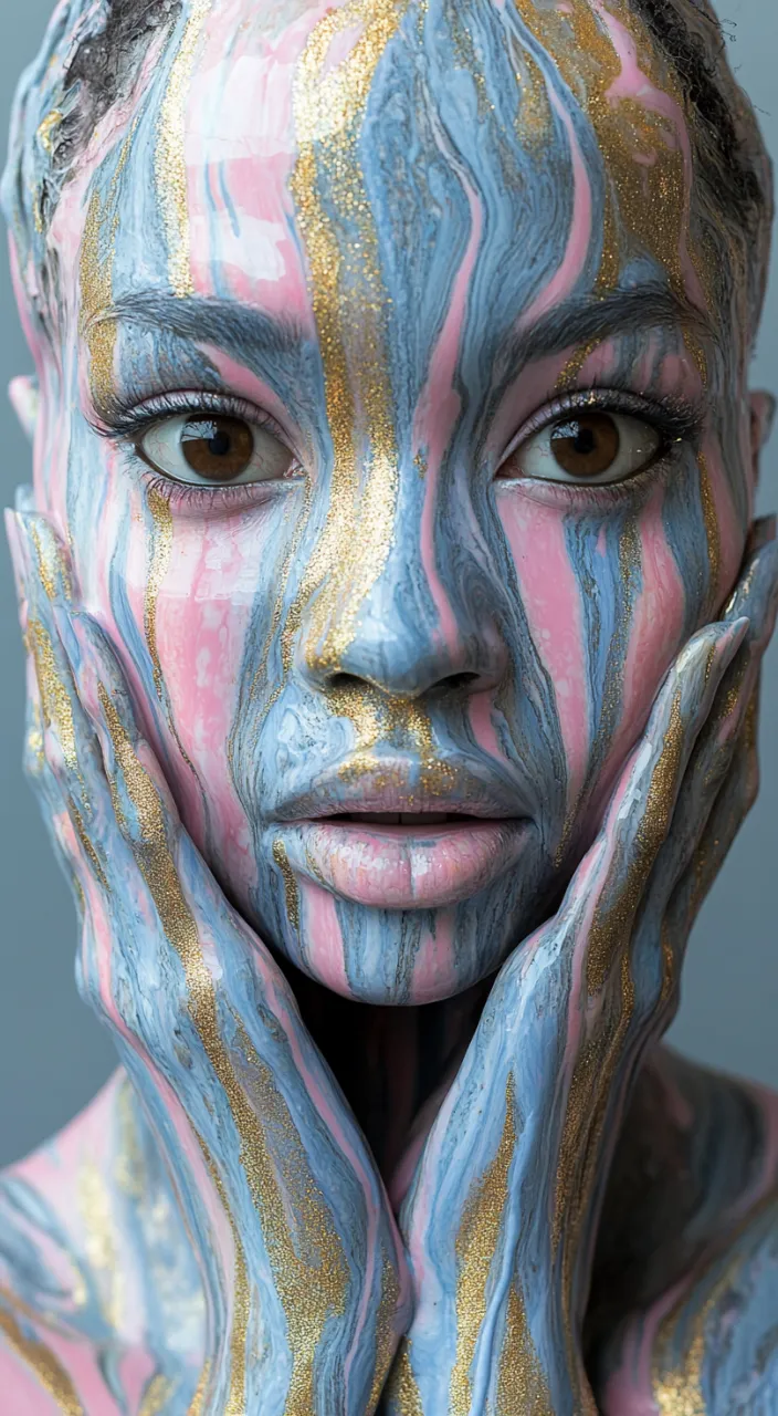 a woman with painted face and hands on her face