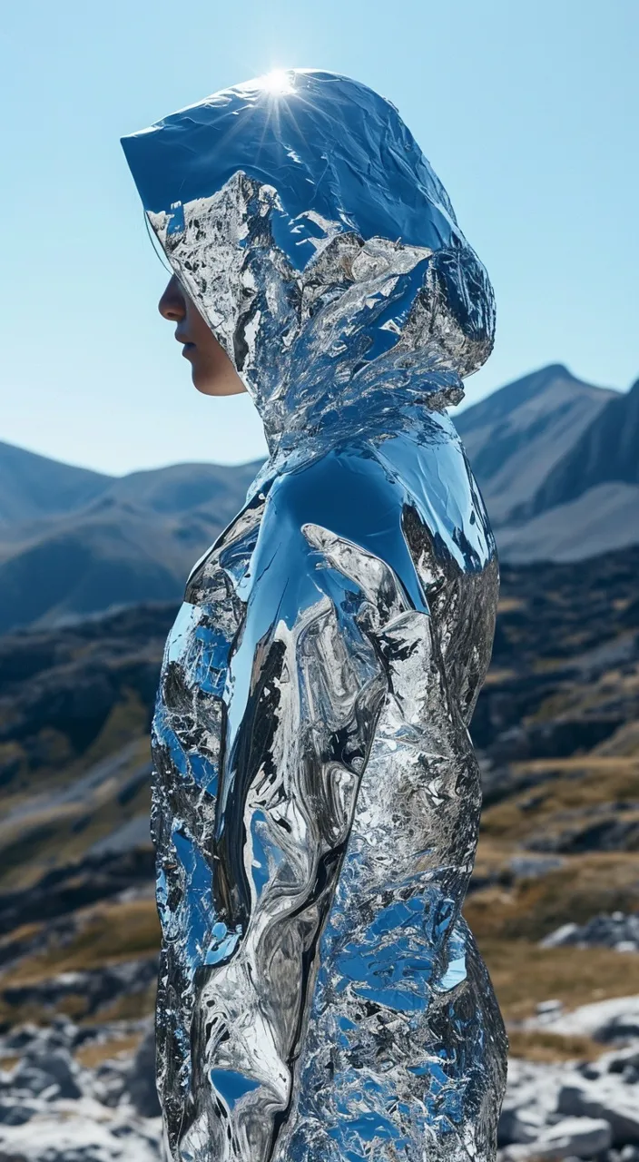 a woman wearing a shiny blue and silver jacket