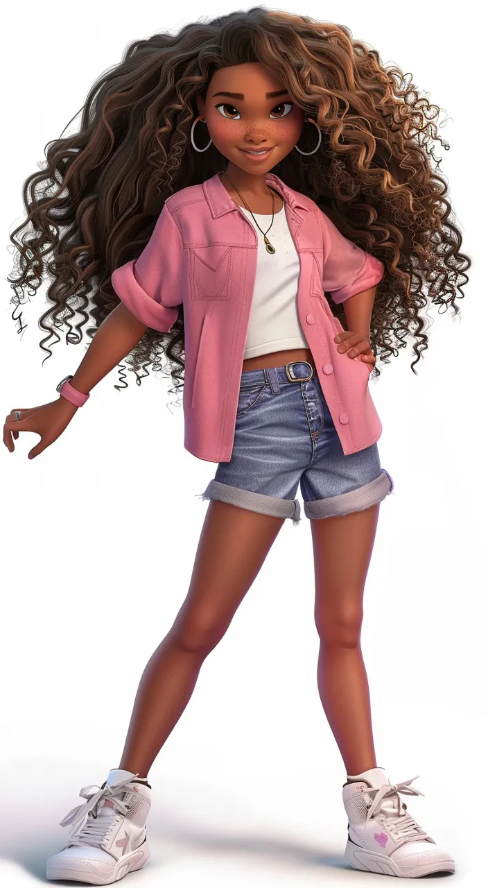 a black girl with long hair and a pink shirt walking 