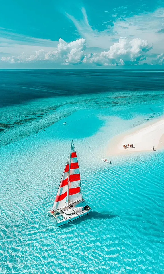 a red and white sailboat floating on a body of water