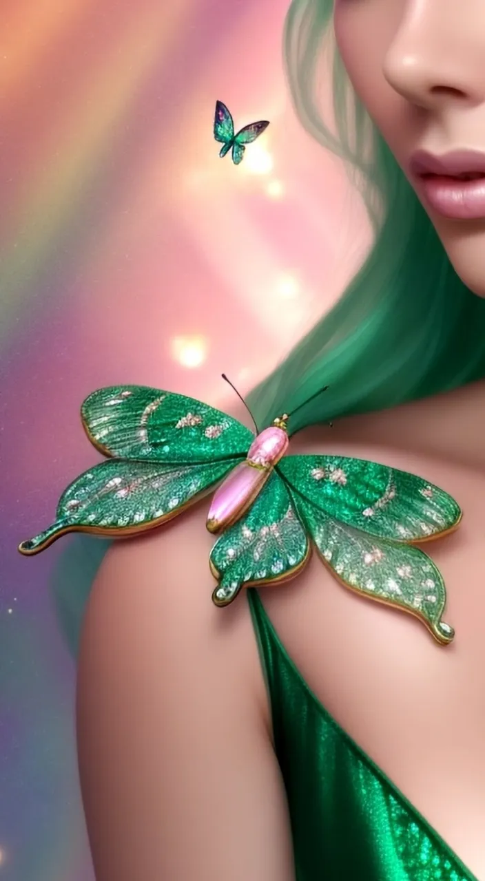 a woman with green hair and a butterfly on her shoulder бабочка пархает крыльями