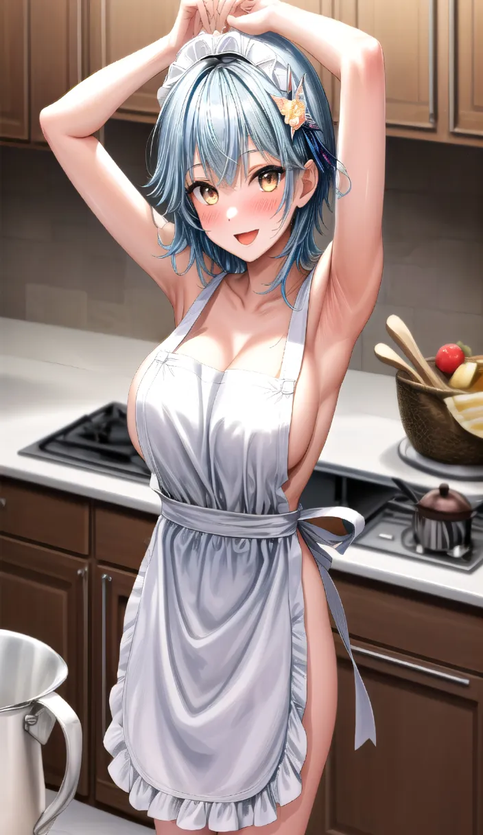 a woman in a short dress standing in a kitchen