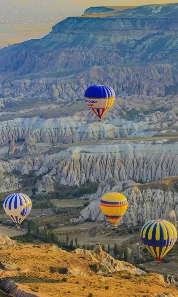 a group of hot air balloons flying over a valley