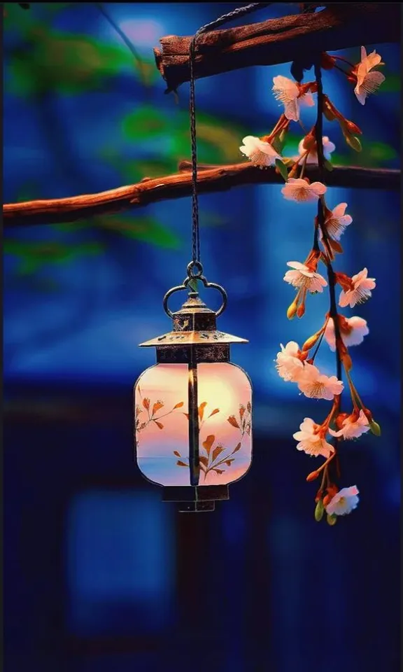 a lantern hanging from a tree branch with flowers