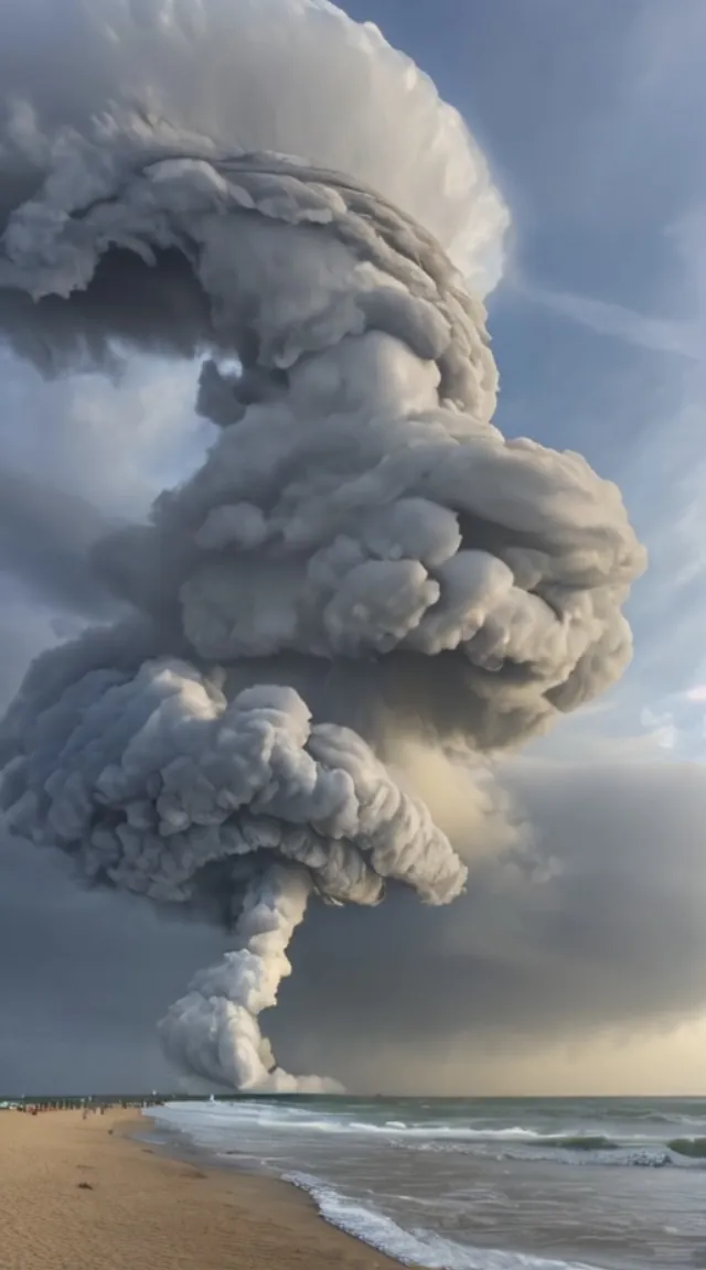 a very large tornado of smoke coming out of the ocean