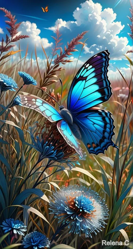 a painting of a blue butterfly flying over a field of flowers