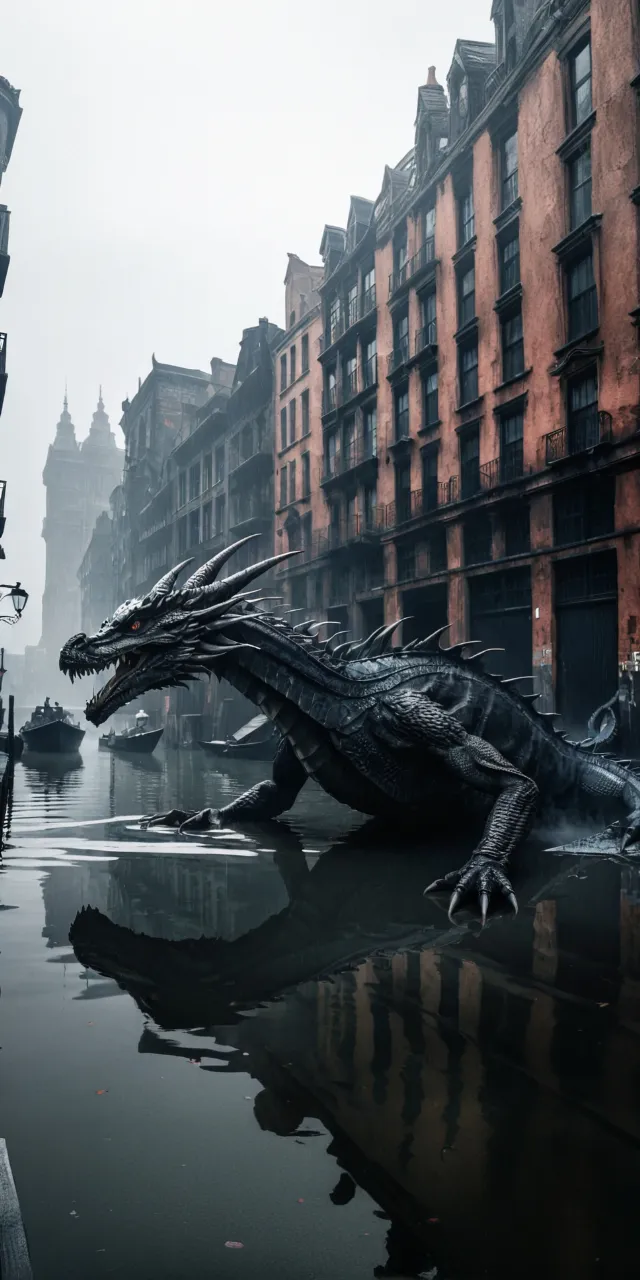 a large black dragon sitting on top of a puddle of water