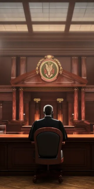 a man sitting at a desk in a courtroom