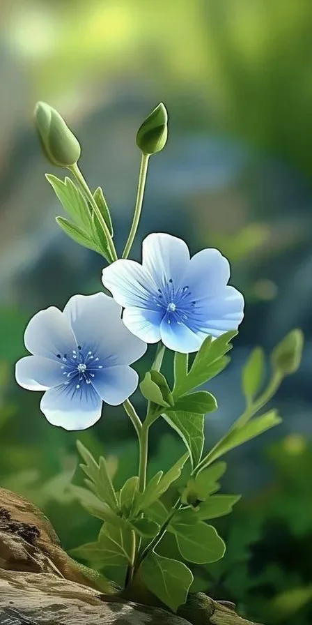 a painting of blue flowers on a rock