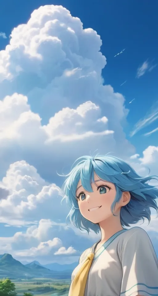 a woman with blue hair standing in front of a cloudy sky