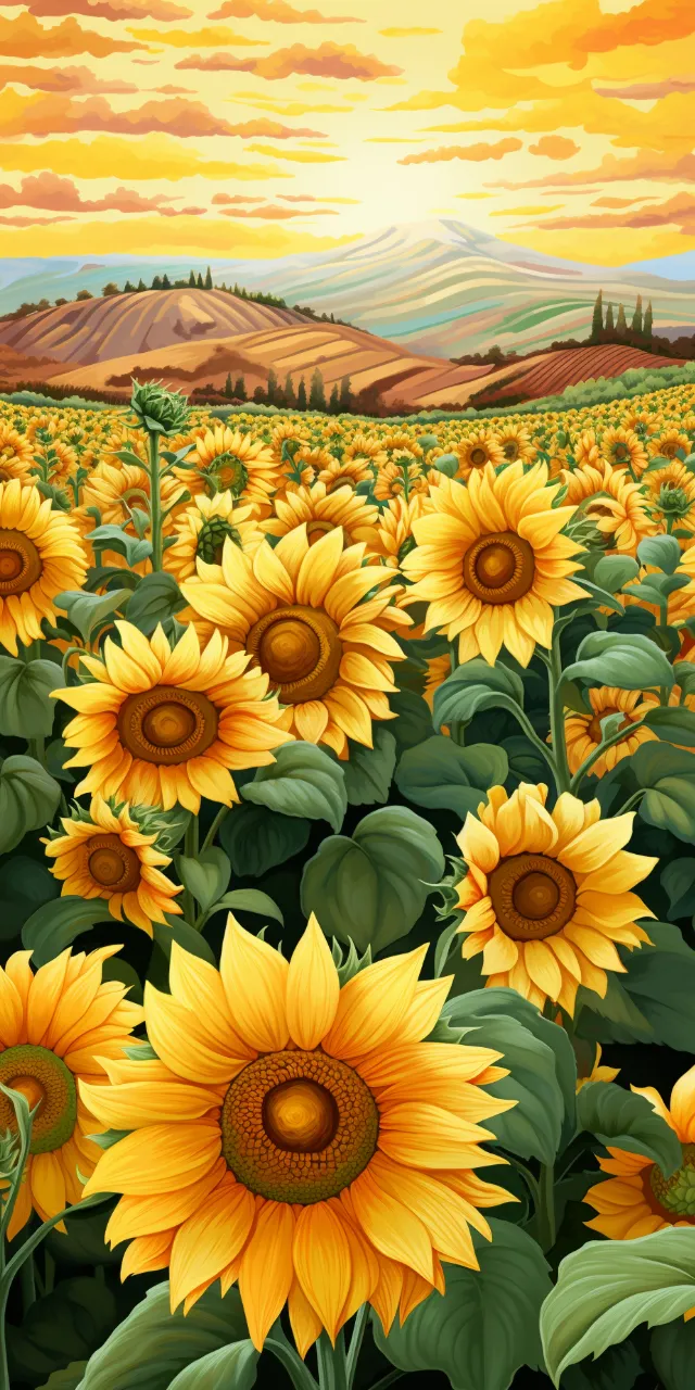 a painting of a sunflower field at sunset