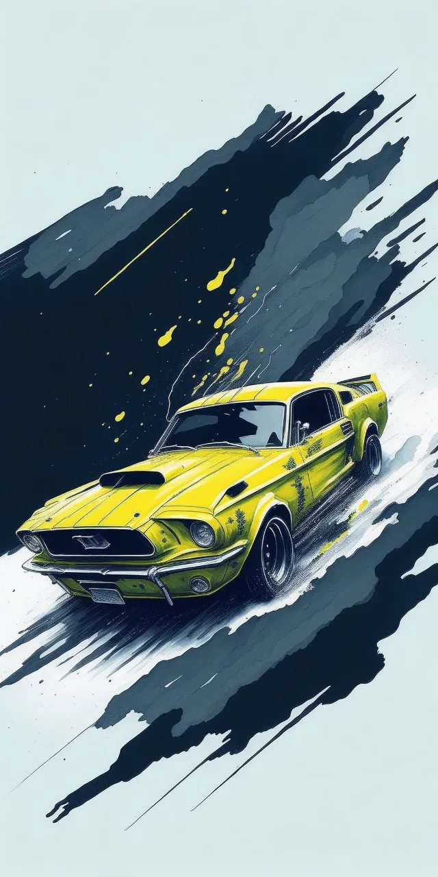 a painting of a yellow muscle car on a white background