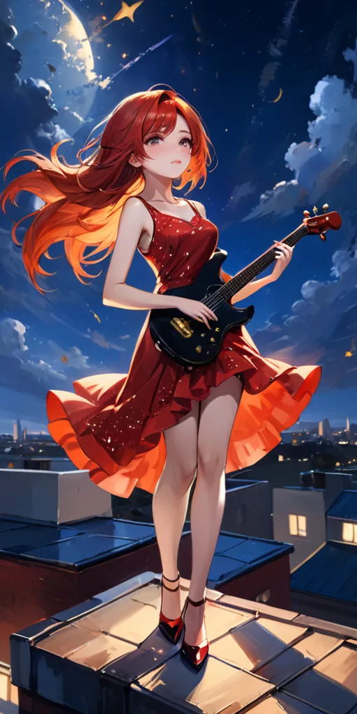 a girl in a red dress playing a guitar On a starry night from the rooftop with the city behind her.