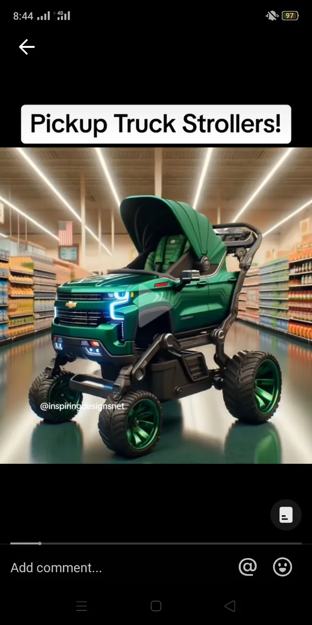 a green truck with a green seat in a store