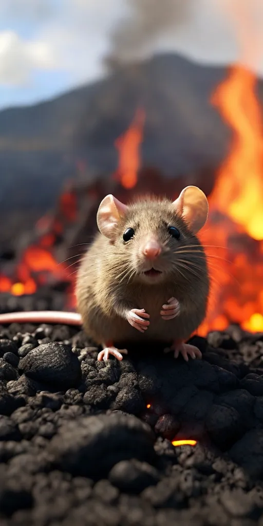 a rat sitting on top of a rock near a fire, Visualize a scene near an active volcano, where the resilient volcano mouse thrives in its harsh environment. Illustrate a rugged landscape dominated by volcanic rocks and lava formations, with billowing smoke and ash rising from the crater in the background. Zoom in on the foreground to depict the volcano mouse, a small rodent species uniquely adapted to withstand high temperatures and volatile conditions. Show the mouse darting between rocks and crevices, its fur blending with the earthy tones of the terrain. Capture the intense heat radiating from the volcanic surroundings, emphasizing the challenging yet remarkable habitat where these creatures call home.