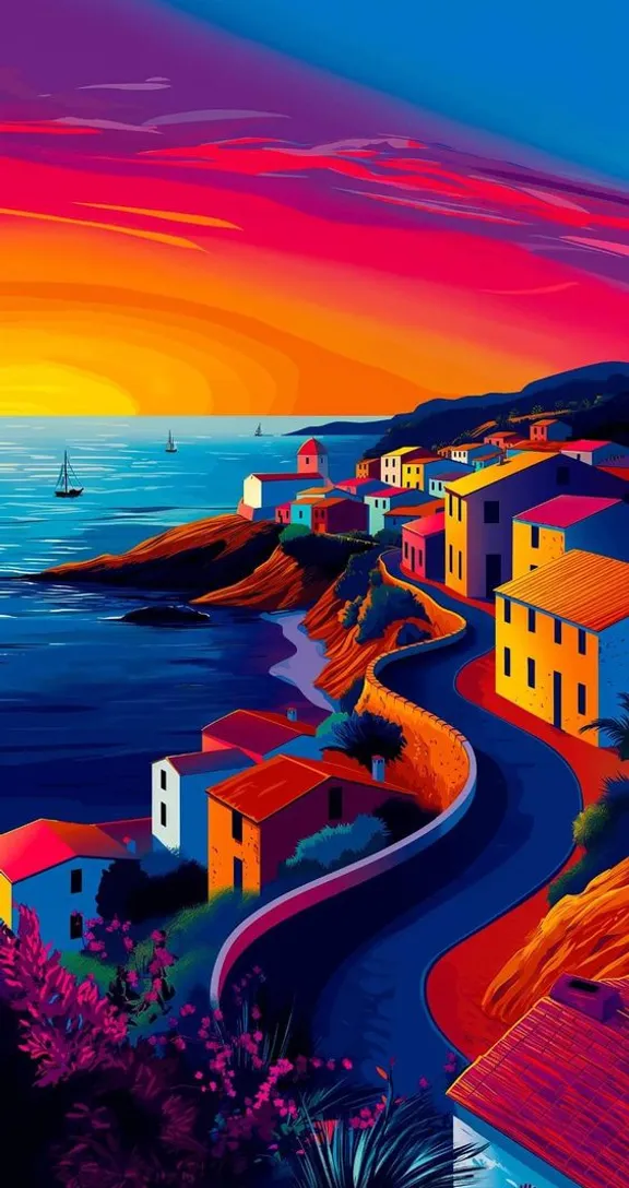 a painting of a colorful sunset over the ocean