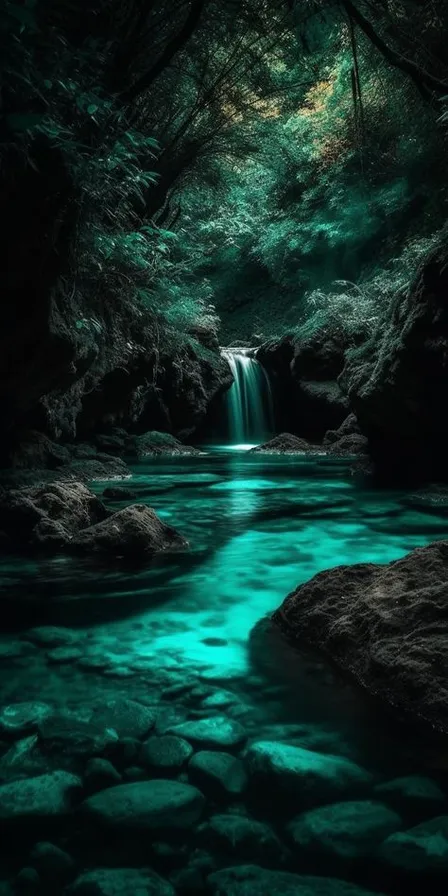 a stream flowing through a lush green forest