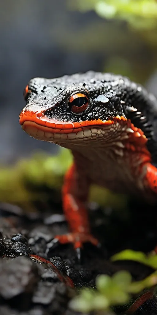 a close up of a small black and orange frog