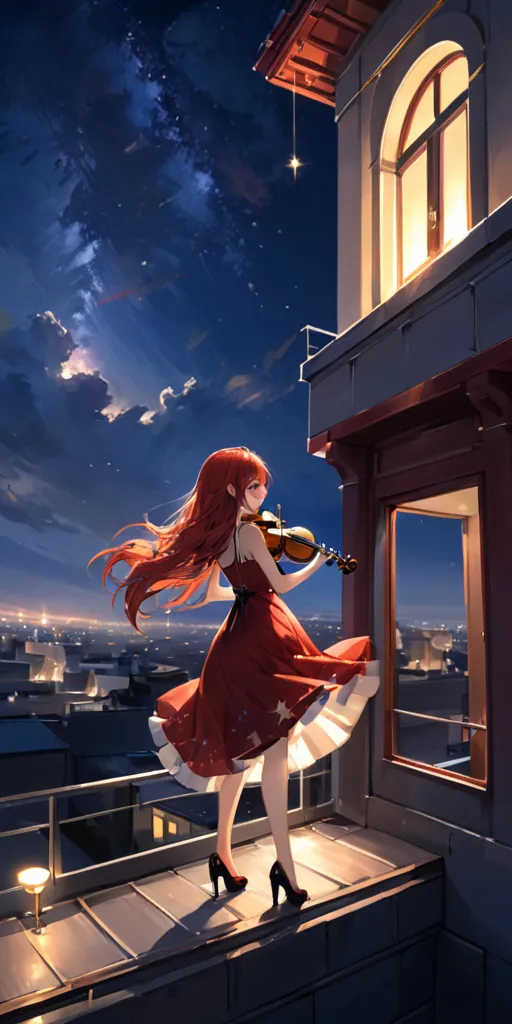 a woman playing a violin On a rooftop, with a city and Starry night sky behind her