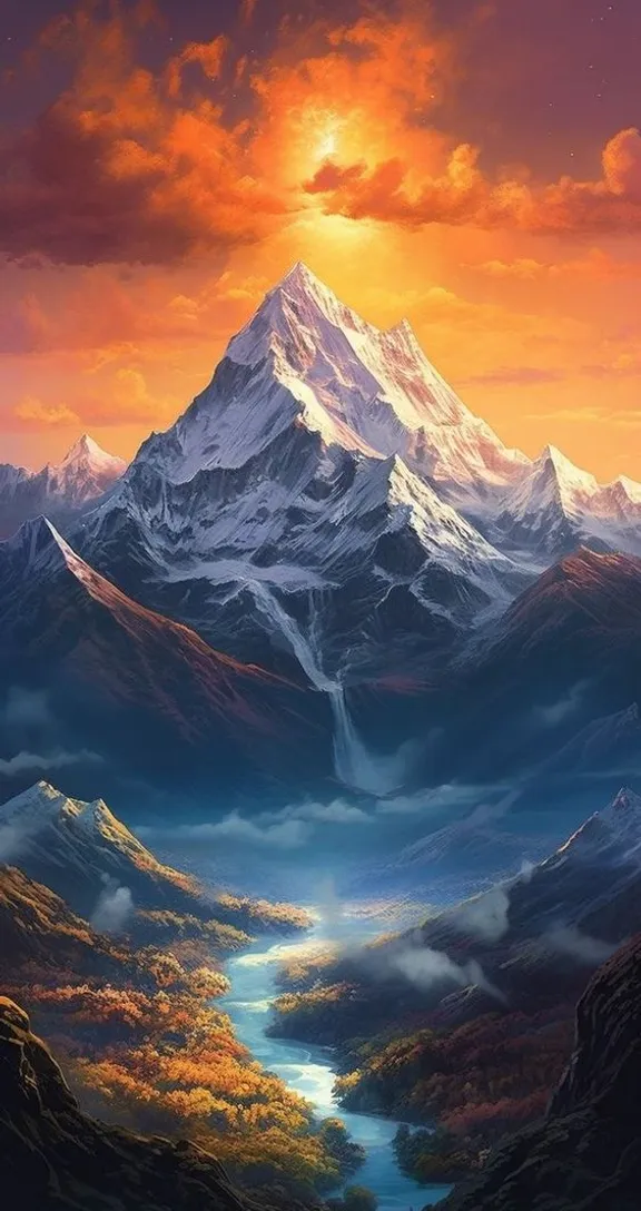 a painting of a mountain with a river running through it