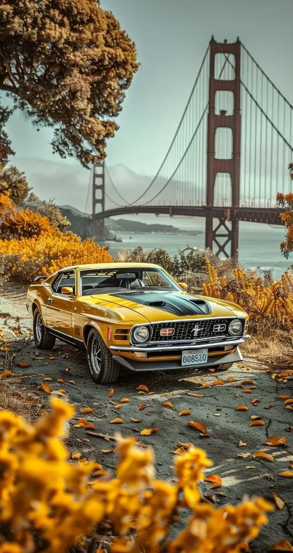 a yellow car parked in front of a bridge