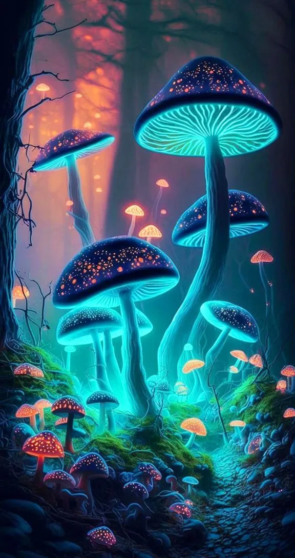 a painting of a group of mushrooms in a forest