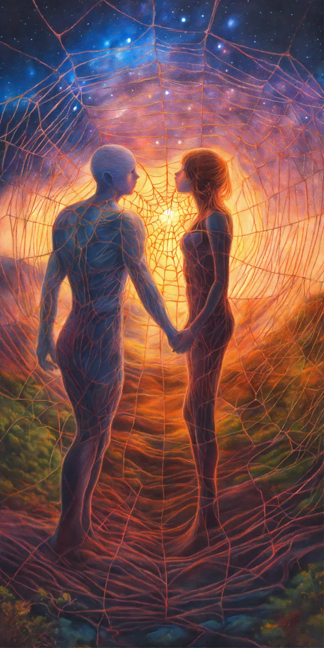 a painting of two people holding hands