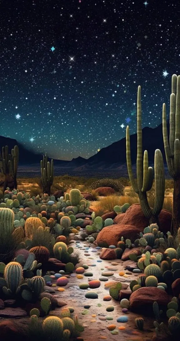 a painting of a desert with cacti and stars in the sky