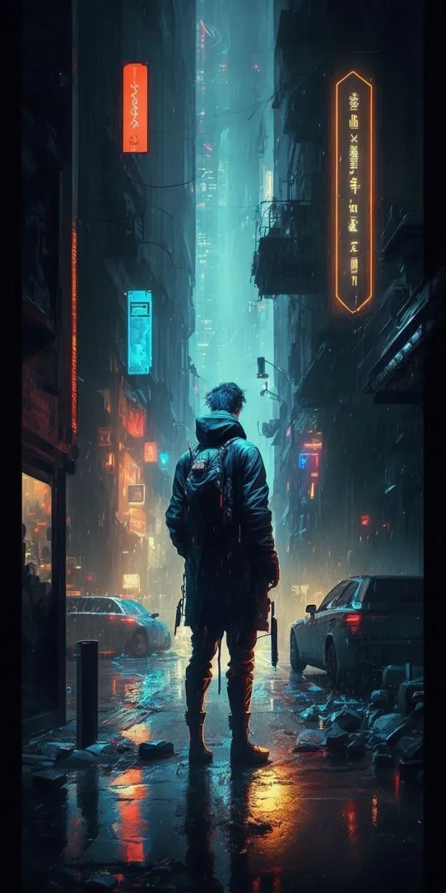 a man walking down a city street in the rain