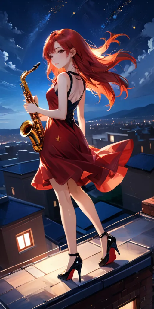 a girl in a red dress playing a saxophone on a rooftop with the city behind her on a starry night standing on a roof.