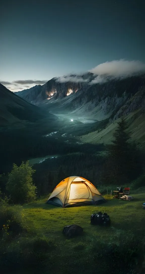 a tent pitched up in the mountains at night