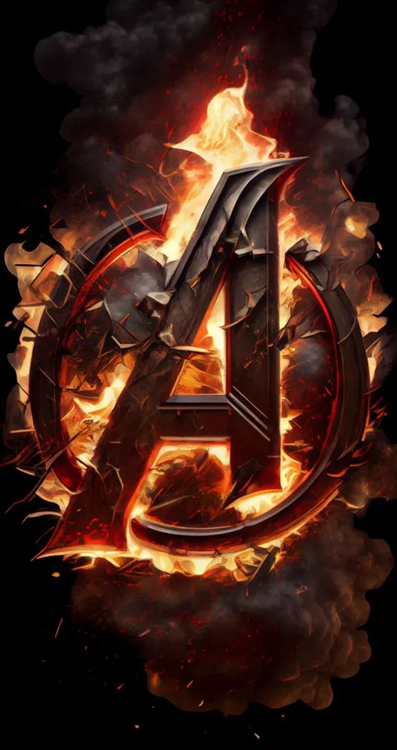 the avengers logo in flames on a black background