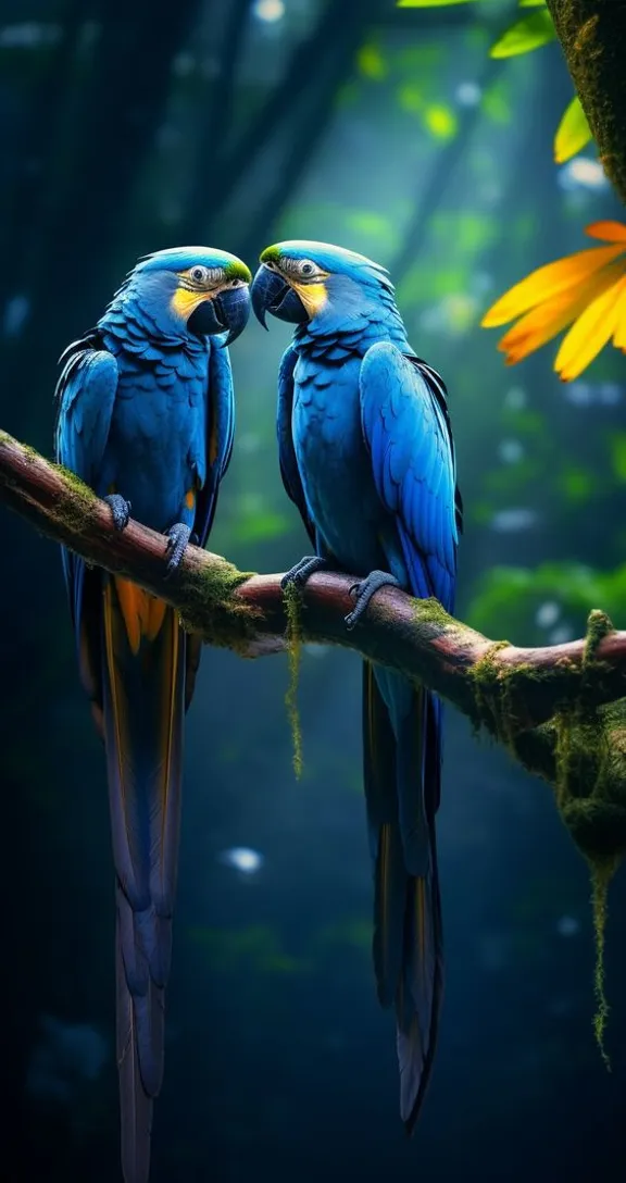 two blue parrots sitting on a tree branch