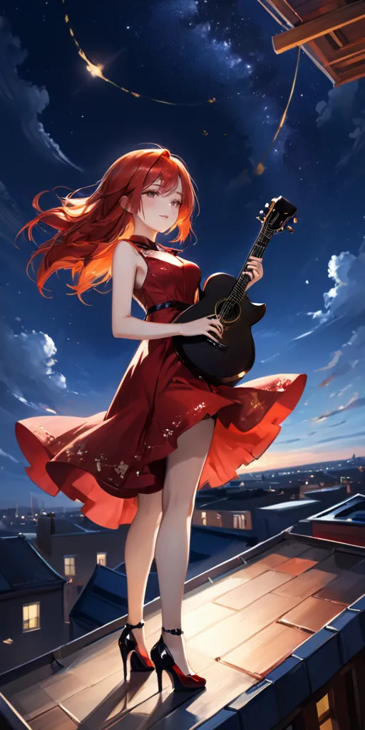 a girl in a red dress playing a guitar On a starry night from the rooftop with the city behind her.