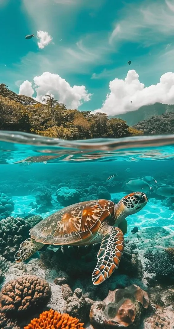 a turtle swimming over a coral reef in the ocean