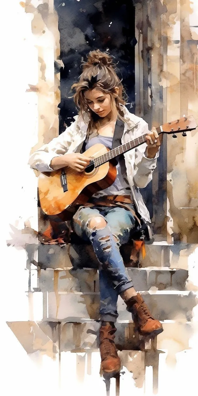 a painting of a woman playing a guitar