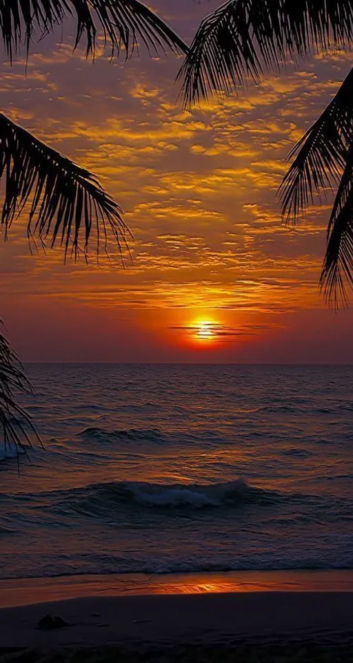 a sunset over the ocean with palm trees