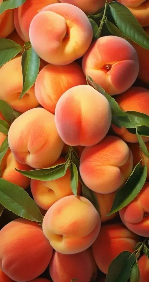 a pile of ripe peaches with green leaves