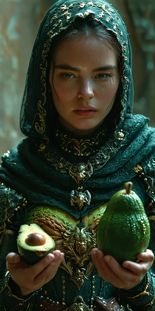 a woman in a green dress holding an avocado