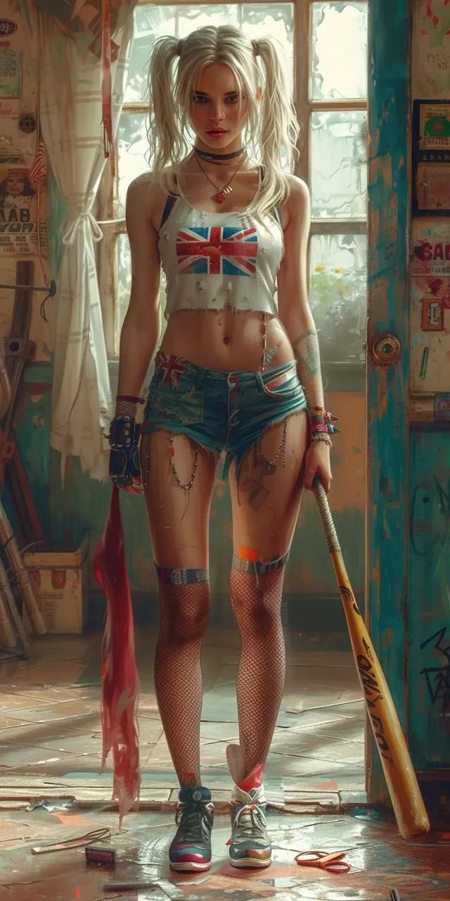 a woman with a flag shirt and shorts holding a baseball bat