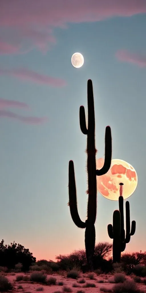 a full moon is seen behind a cactus