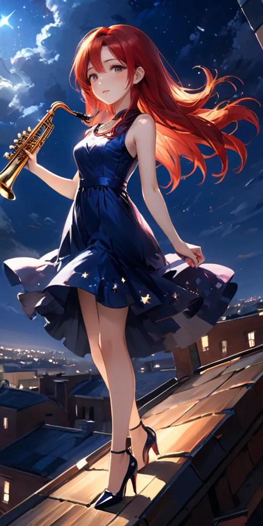 a girl in a blue dress playing a trumpet on a rooftop with the city behind her on a starry night standing on a roof.