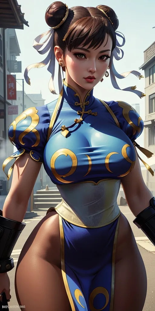 a woman in a blue and gold outfit