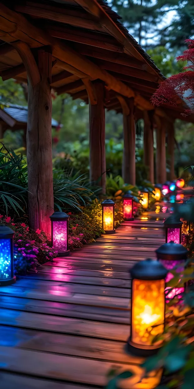 a group of lit up lanterns sitting on a wooden walkway