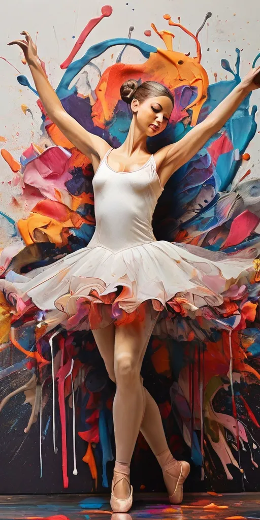 a ballerina in a white tutu is posing in front of a painting